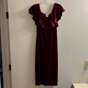 Unique Vintage Burgundy Velvet Maxi Dress with Ruffle Neck